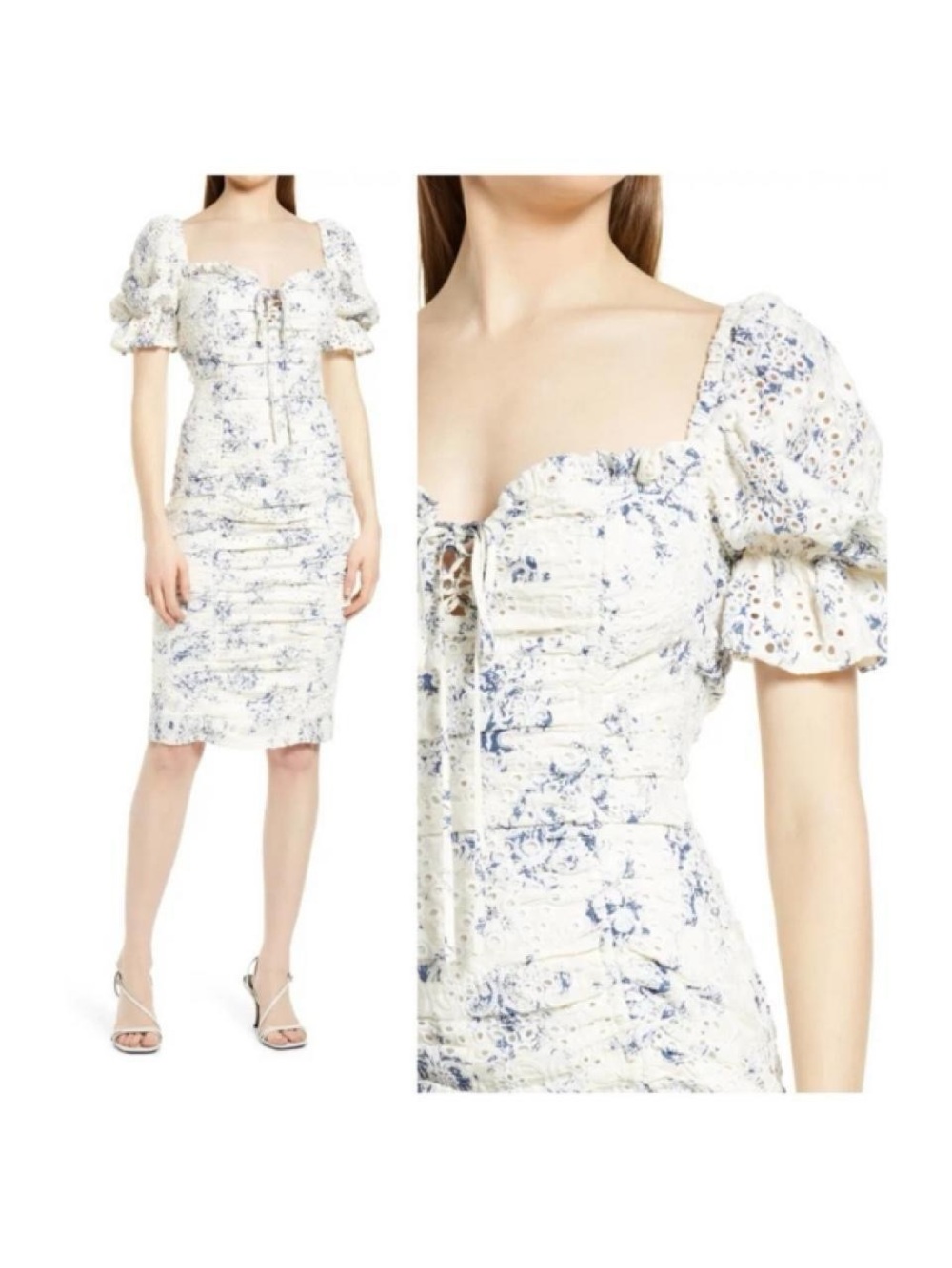 Lavish Alice White and Blue Floral Puff-Sleeve Midi Dress